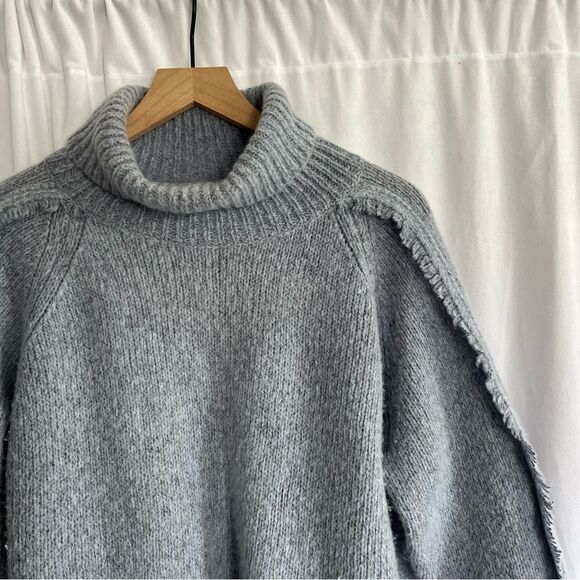 BROCHU WALKER Wool & Cashmere Odene Fringe Turtleneck in Oslo Blue Melange XS - Picture 4 of 10